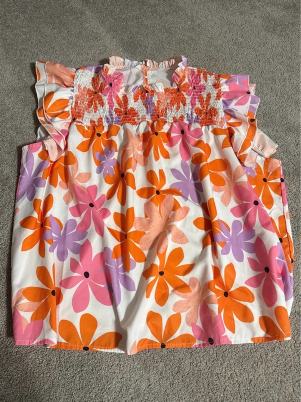 SHEIN Orange Pink Purple Floral Smocked Neck Blouse